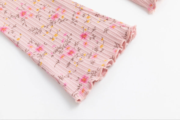 Pink floral ribbed flare set