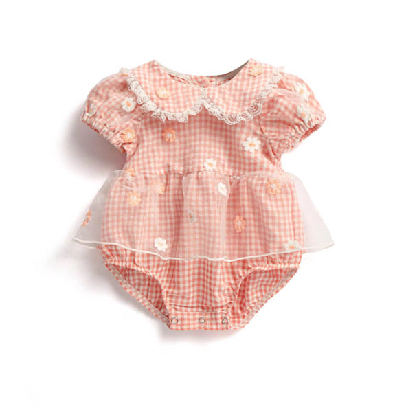 Peach Daisy gingham lace romper