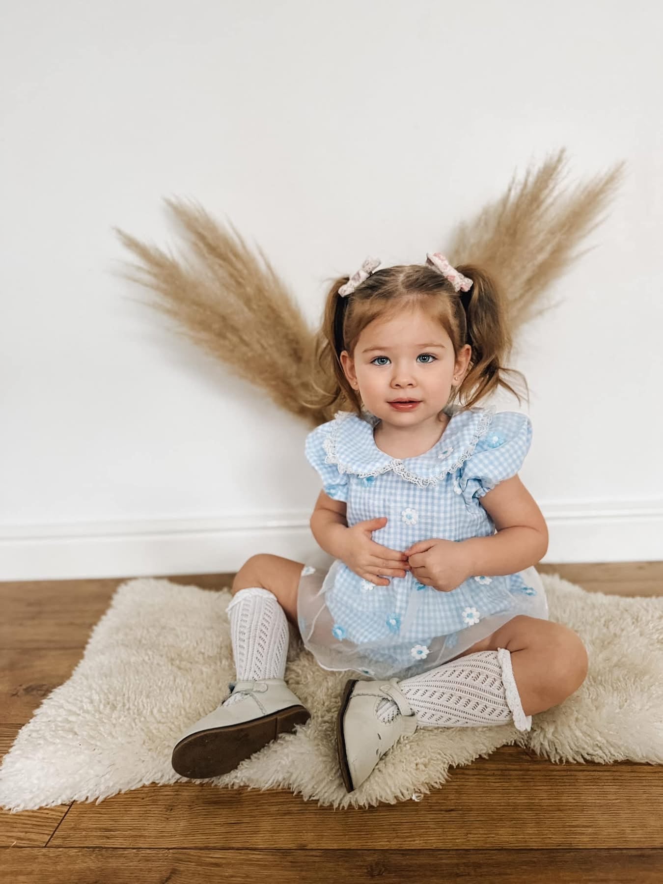 Blue gingham daisy lace romper