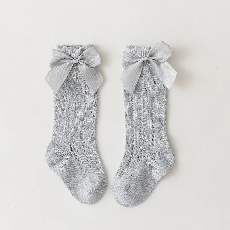 Openwork satin bow knee high socks