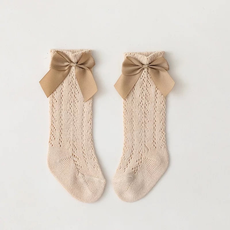 Openwork satin bow knee high socks